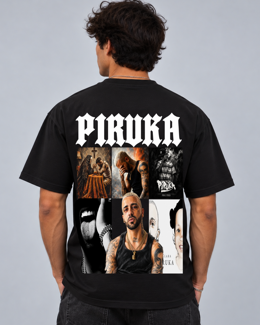 T-Shirt Piruka PRK Edition preta vestida em modelo, costas com lettering e colagem - Sudrops
