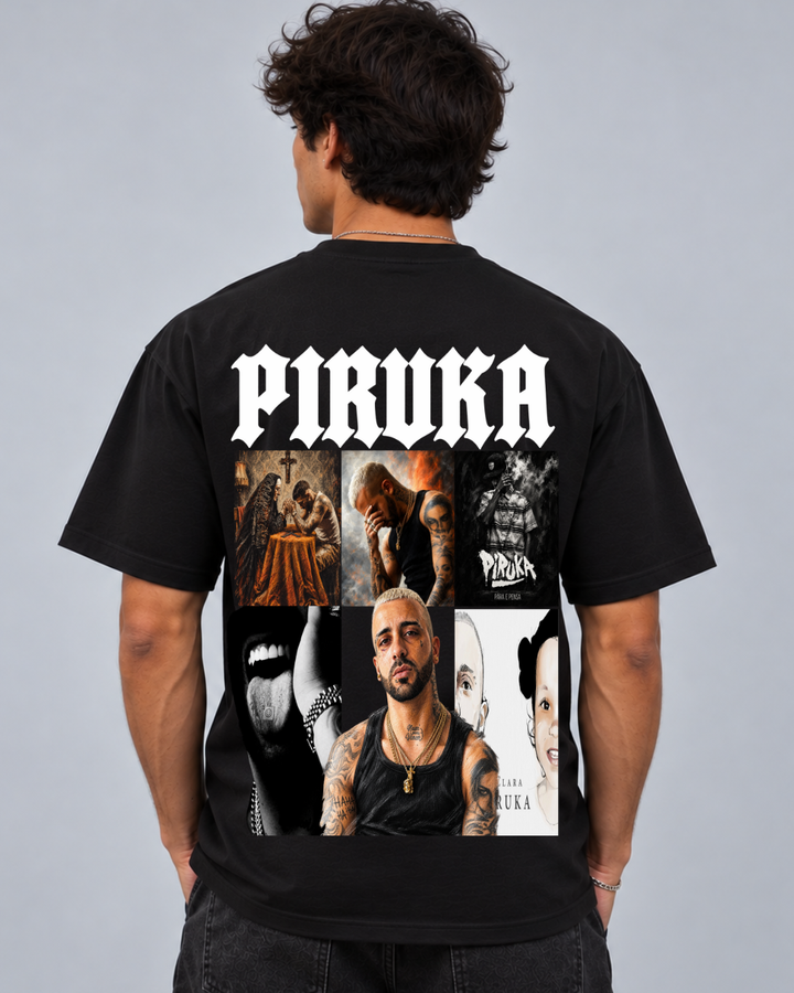 T-Shirt Piruka PRK Edition preta vestida em modelo, costas com lettering e colagem - Sudrops