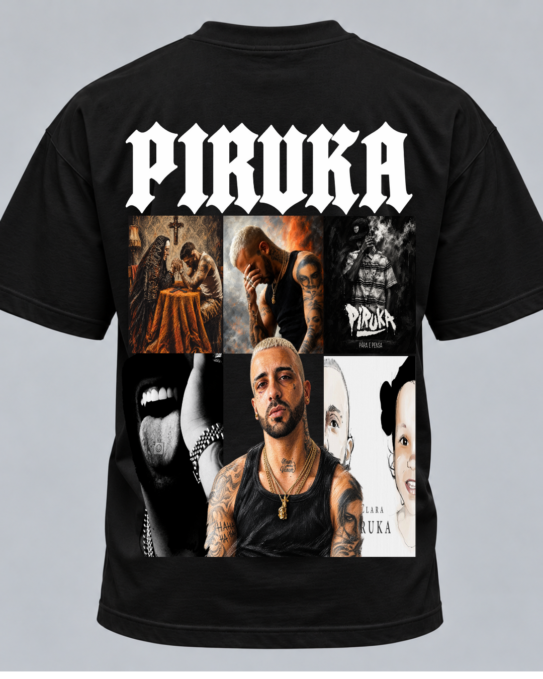 
T-Shirt Piruka PRK Edition preta - costas com o nome PIRUKA em letra gótica e colagem de seis imagens - Sudrops