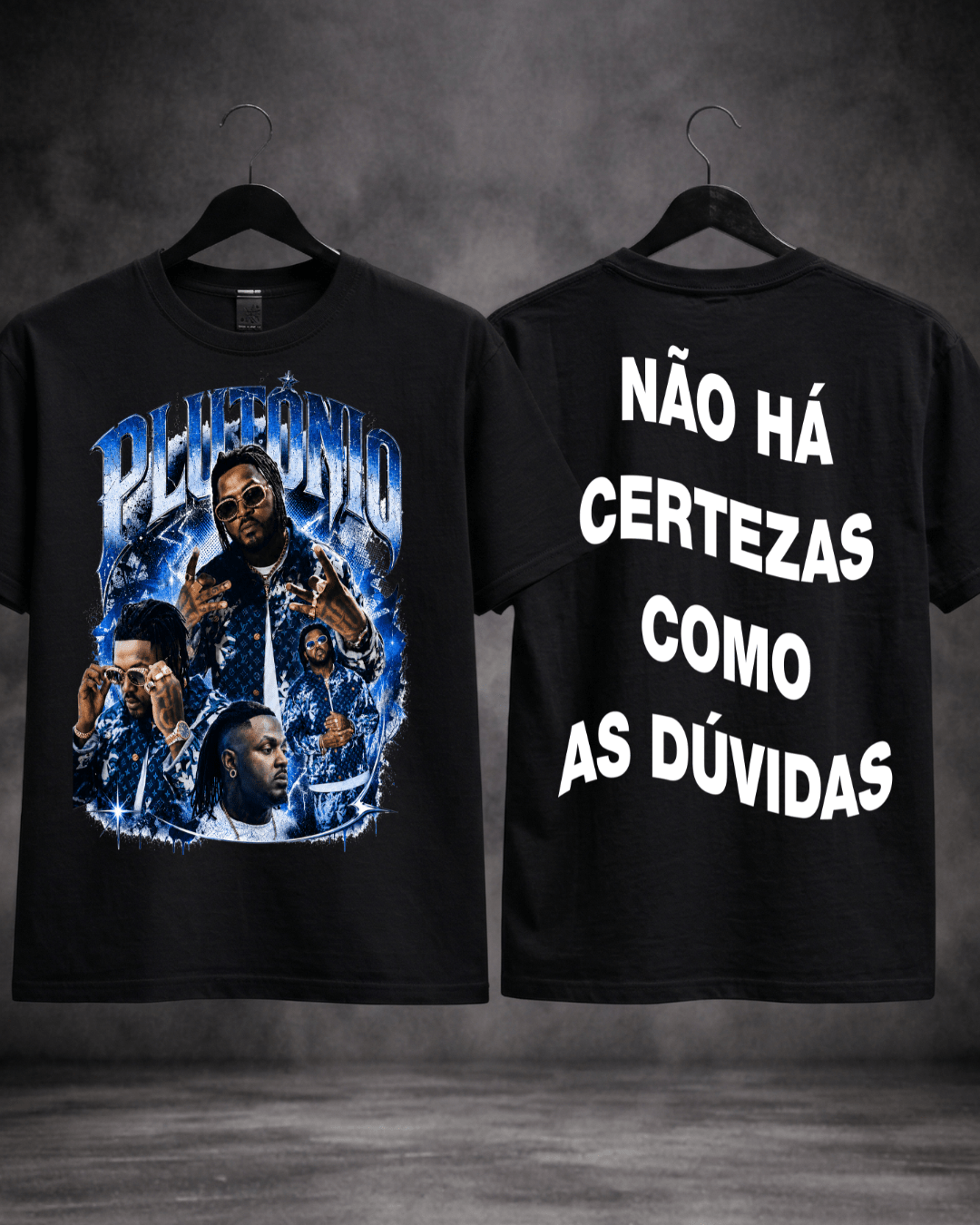 T-shirt Plutónio Não Há Certezas preta - detalhe frente e costas - SuDrops