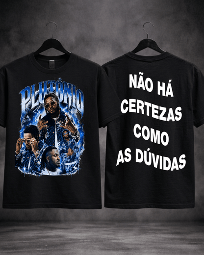 T-shirt Plutónio Não Há Certezas preta - detalhe frente e costas - SuDrops