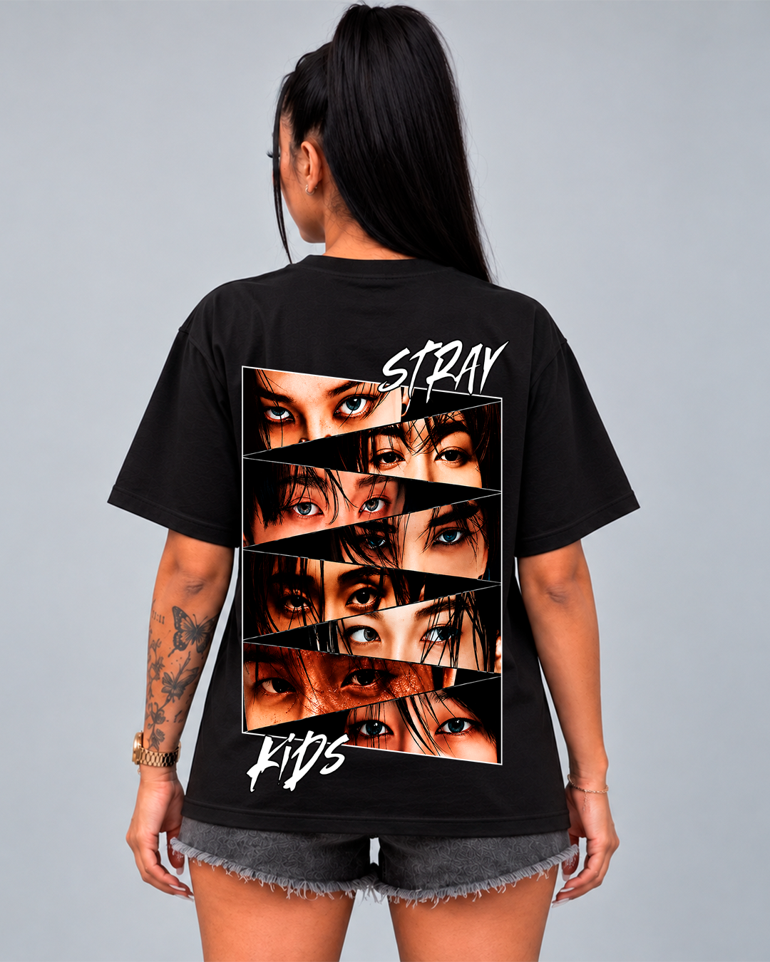 T-shirt Stray Kids Eyes Edition preta vestida em modelo, costas com o olhar dos oito membros - Sudrops