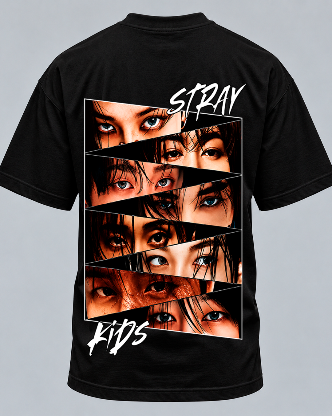 T-shirt Stray Kids Eyes Edition preta - estampa das costas com os olhos dos membros em tiras diagonais - Sudrops
