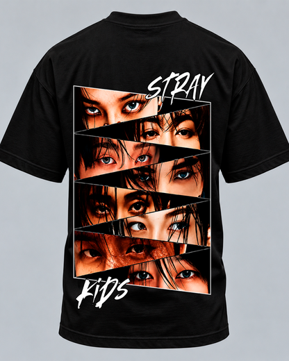 T-shirt Stray Kids Eyes Edition preta - estampa das costas com os olhos dos membros em tiras diagonais - Sudrops