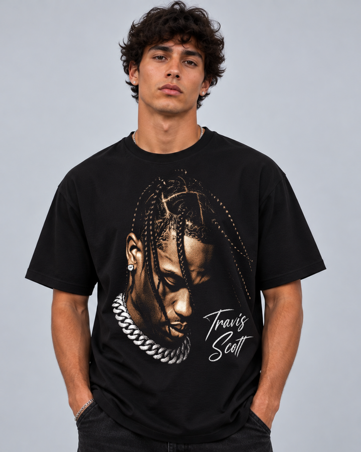 T-shirt Travis Scott Portrait Edition preta vestida em modelo, frente com retrato em tons de bronze - Sudrops