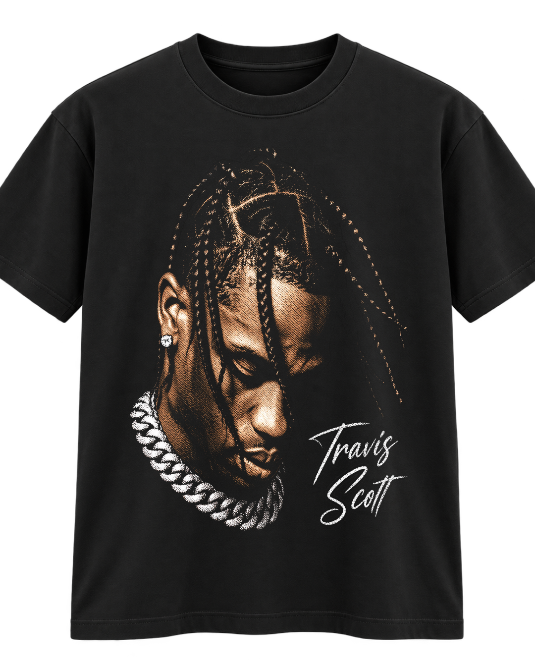 
T-shirt Travis Scott Portrait Edition preta - frente com retrato, tranças, corrente e assinatura - Sudrops